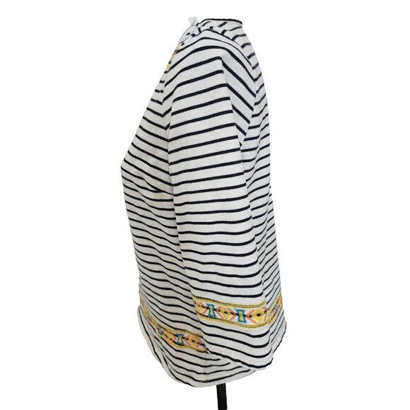 Pomelo Aztec Embroidered Top 3/4 Sleeve White & Black Striped Top Women's Medium - Picture 3 of 9